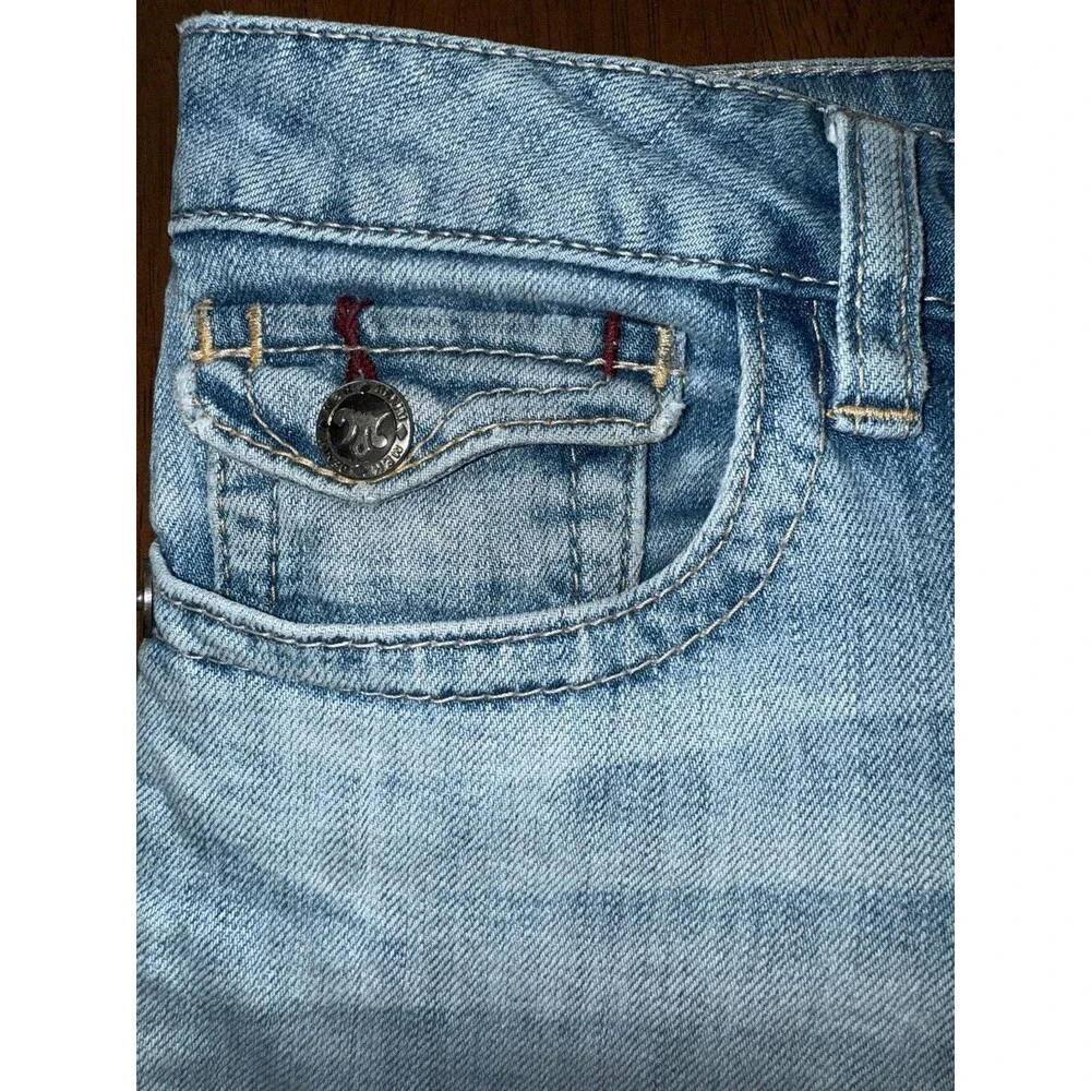 Mek Denim New York Bootcut Jeans 30x34L Light Wash Distressed Flap Pockets Y2K
